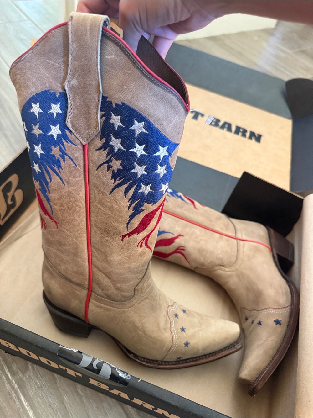 Corral Sand Women’s Tan Western Boots with Red and Blue Flag Embroidery